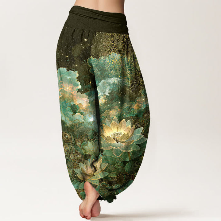 Buddha Stones Cotton Lotus Night Sky Pattern Women's Elastic Waist Harem Pants - image 7