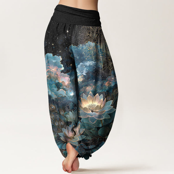 Buddha Stones Cotton Lotus Night Sky Pattern Women's Elastic Waist Harem Pants - image 10