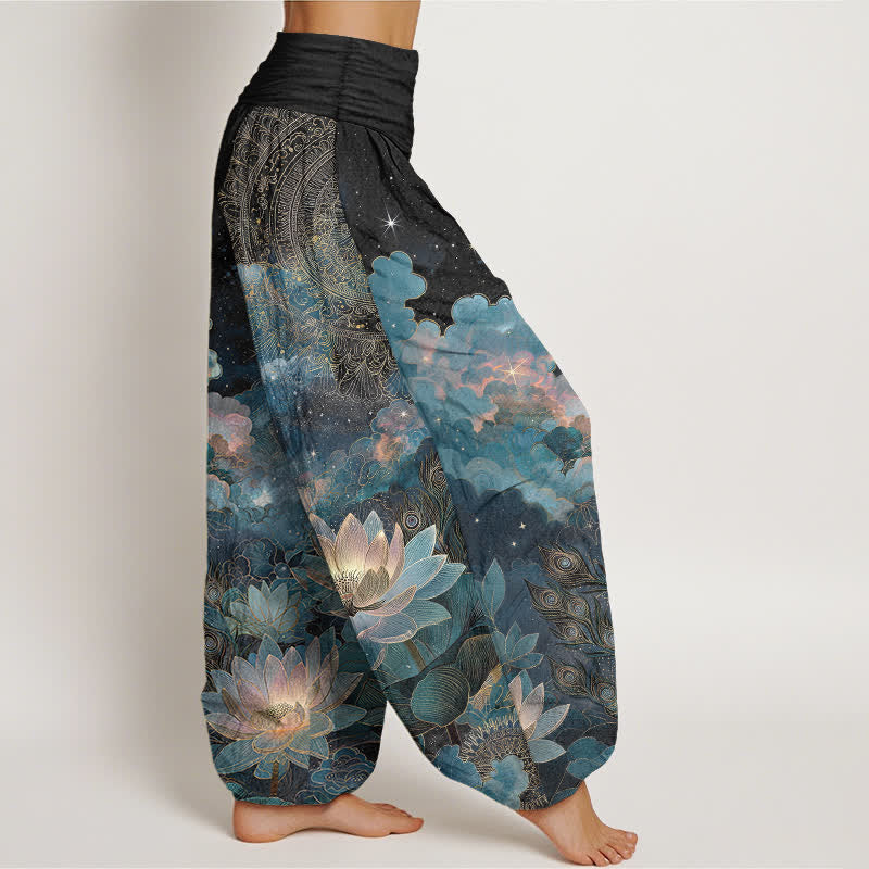Buddha Stones Cotton Lotus Night Sky Pattern Women's Elastic Waist Harem Pants - image 9