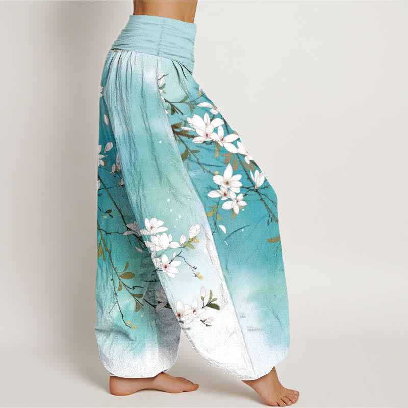 Buddha Stones Pure Cotton White Magnolia Branch Pattern Women's Elastic Waist Harem Pants - image 1