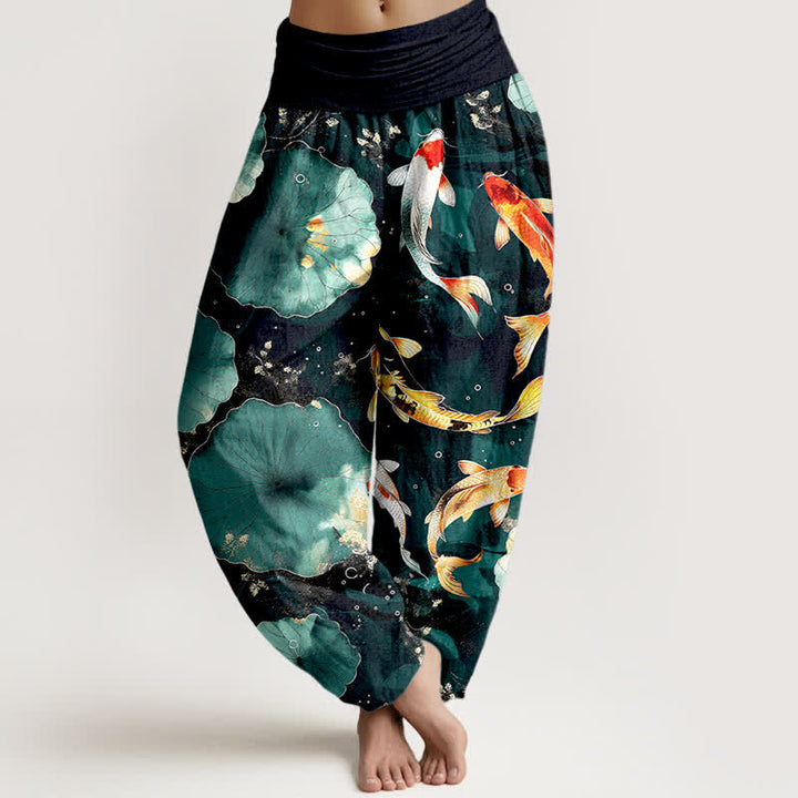 Buddha Stones Cotton Koi Fish Lotus Leaves Pattern Women's Elastic Waist Harem Pants - Teal - US16，UK/AU20，EU48 (3XL) - image 0