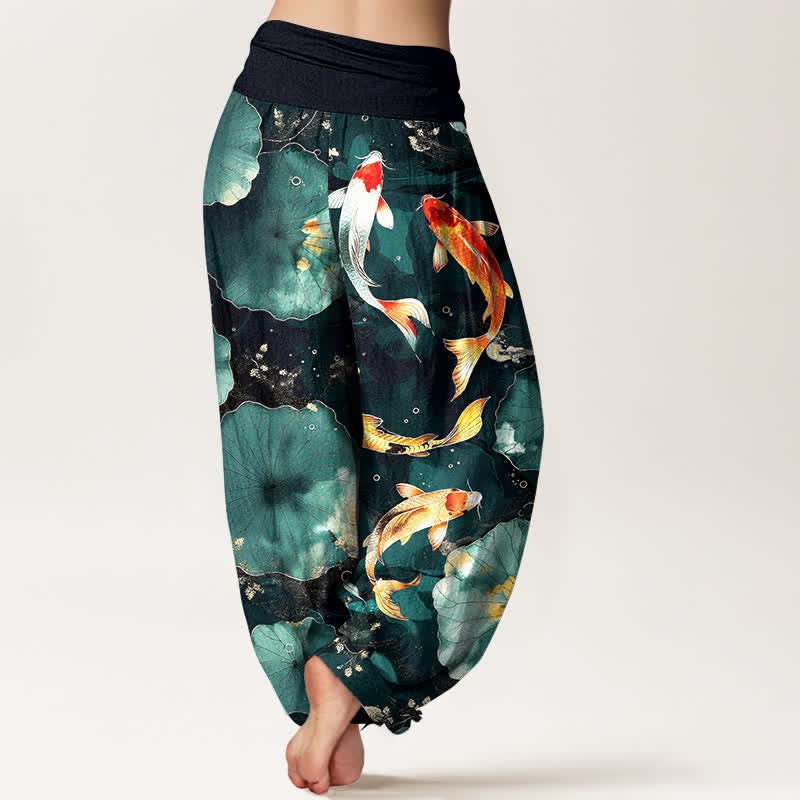 Buddha Stones Cotton Koi Fish Lotus Leaves Pattern Women's Elastic Waist Harem Pants - image 2