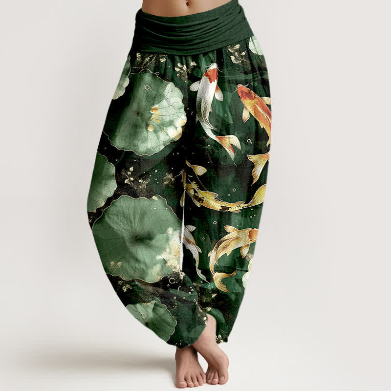 Buddha Stones Cotton Koi Fish Lotus Leaves Pattern Women's Elastic Waist Harem Pants - DarkGreen - US16，UK/AU20，EU48 (3XL) - image 5