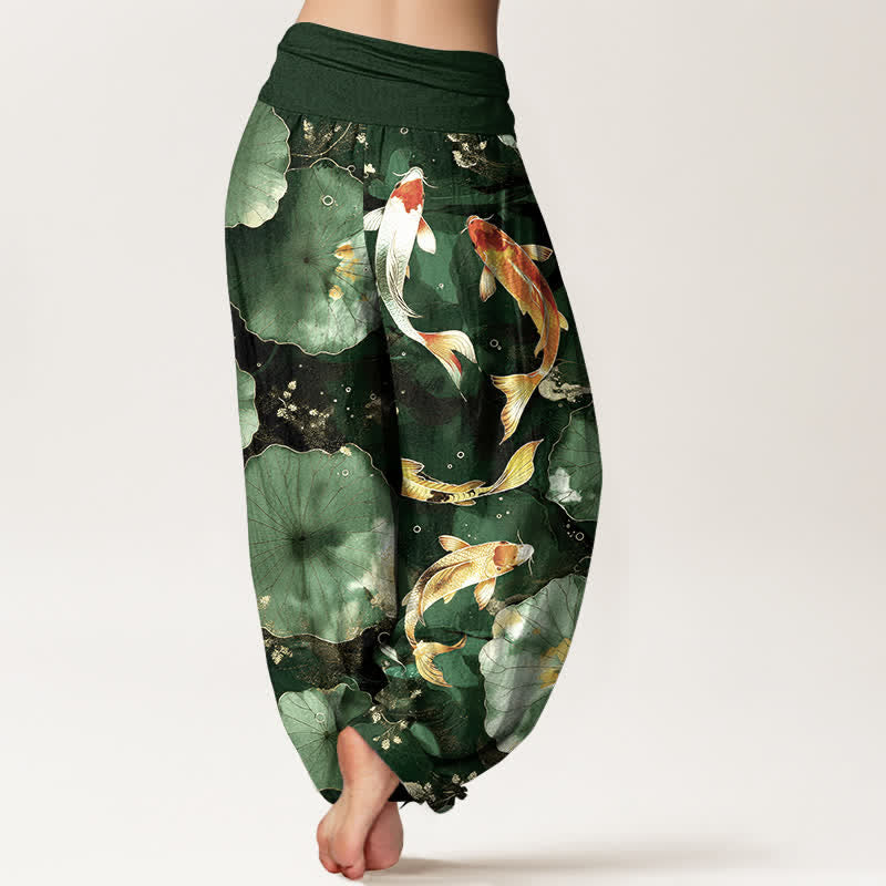 Buddha Stones Cotton Koi Fish Lotus Leaves Pattern Women's Elastic Waist Harem Pants - image 7