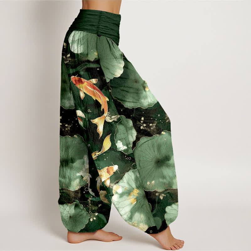 Buddha Stones Cotton Koi Fish Lotus Leaves Pattern Women's Elastic Waist Harem Pants - image 6