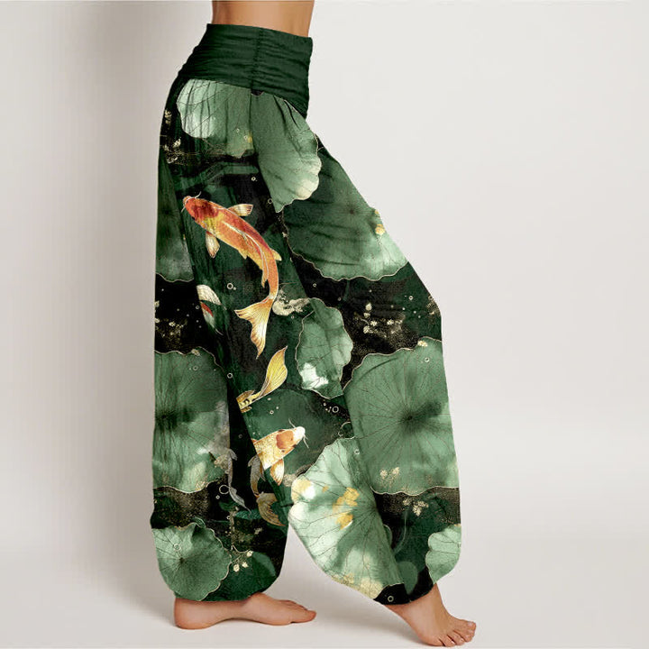 Buddha Stones Cotton Koi Fish Lotus Leaves Pattern Women's Elastic Waist Harem Pants - image 6