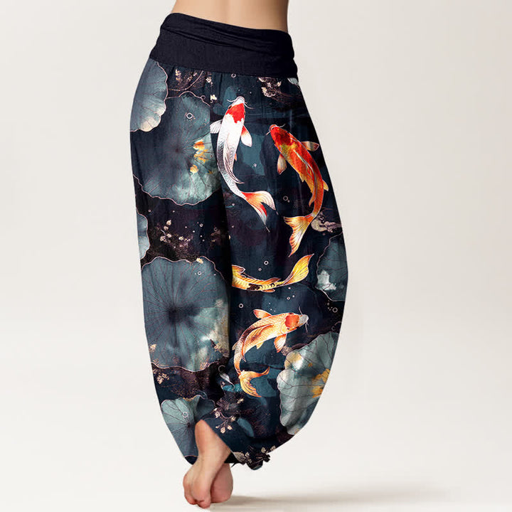 Buddha Stones Cotton Koi Fish Lotus Leaves Pattern Women's Elastic Waist Harem Pants - image 10