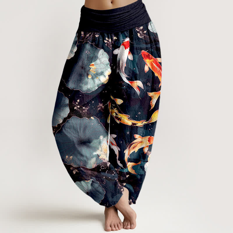 Buddha Stones Cotton Koi Fish Lotus Leaves Pattern Women's Elastic Waist Harem Pants - Black - US16，UK/AU20，EU48 (3XL) - image 8