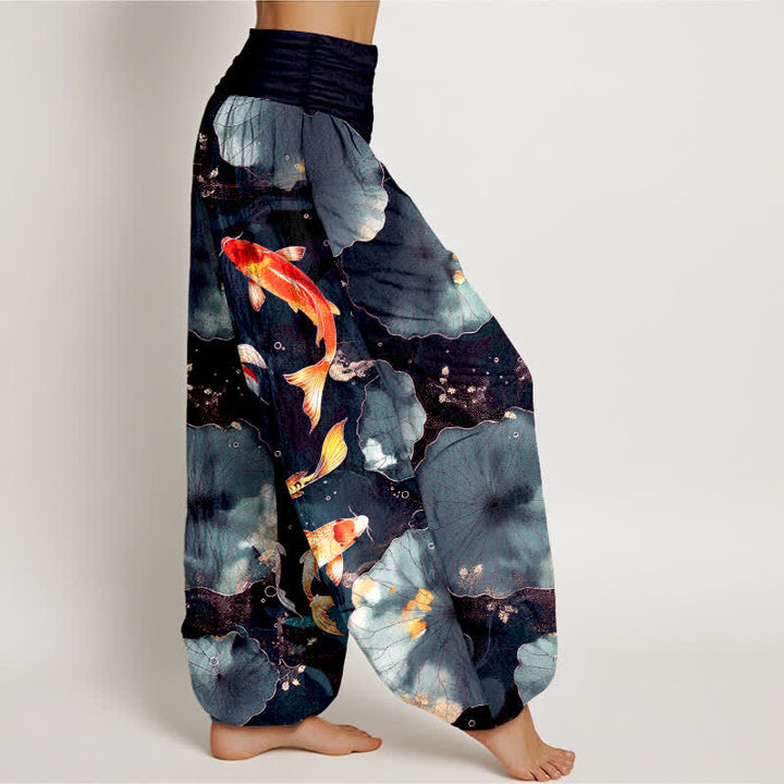 Buddha Stones Cotton Koi Fish Lotus Leaves Pattern Women's Elastic Waist Harem Pants - image 9