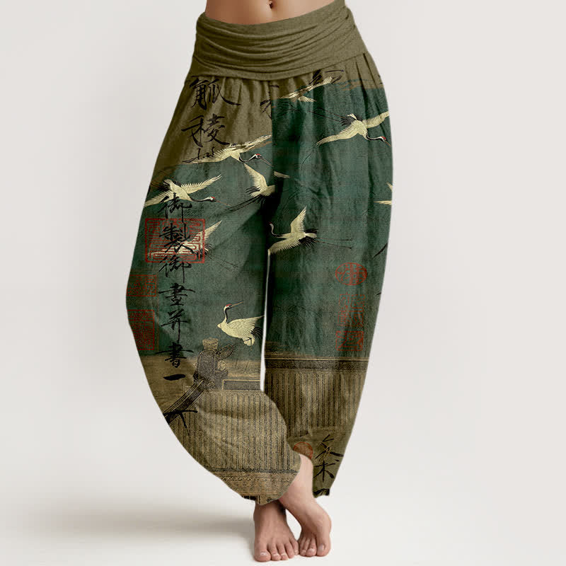 Buddha Stones Cotton Flying Crane Seal Pattern Women's Elastic Waist Harem Pants - DarkOliveGreen - US16，UK/AU20，EU48 (3XL) - image 0