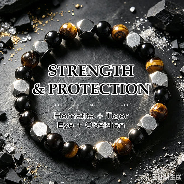 Buddha Stones Black Obsidian Tiger Eye Hematite Faceted Protection Bracelet - Hematite Black Obsidian Tiger Eye(Wrist Circumference: 5.9-6.3  in / 15-16cm) - image 0
