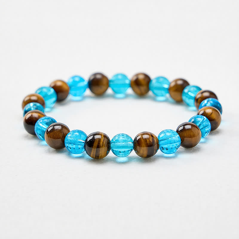 Buddha Stones Tiger Eye Blue Liuli Glass Bead Courage Round Beaded Bracelet - image 1