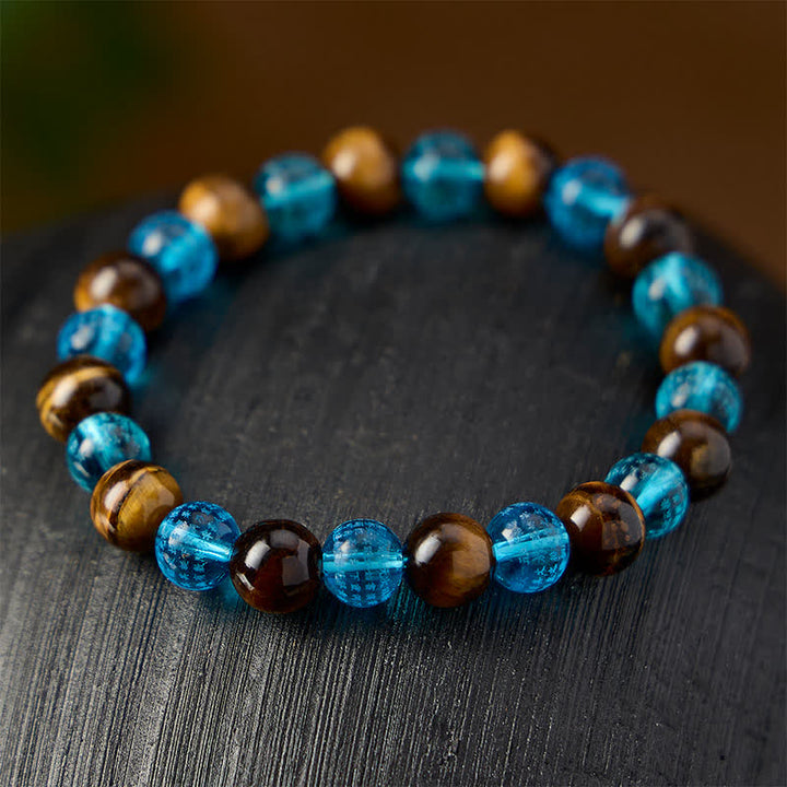 Buddha Stones Tiger Eye Blue Liuli Glass Bead Courage Round Beaded Bracelet - image 3