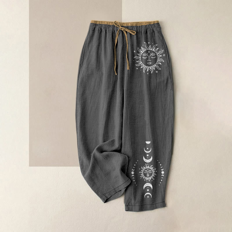 Buddha Stones Pure Cotton Celestial Sun Moon & Star Pattern Women's Elastic Waist Pants With Pockets - DimGray - US16，UK/AU20，EU48 (3XL) - image 4