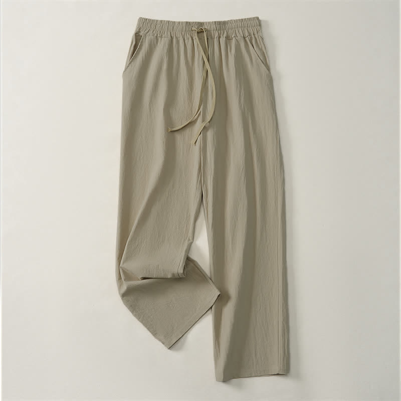 Buddha Stones Fall Casual Plain Drawstring Solid Long Pants Men's Straight Leg Pants With Pocket - image 2