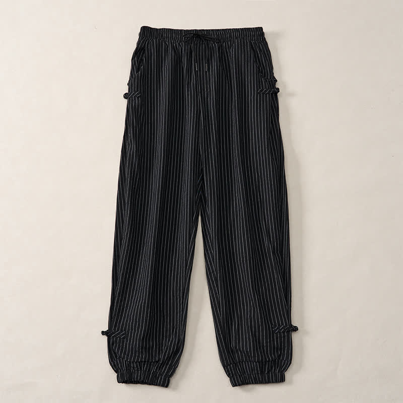 Buddha Stones Spring Summer Basic Drawstring Striped Cropped Pants Men's Tapered Pants With Pockets - Black - US/UK/AU46, EU56 (5XL) - image 16