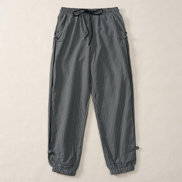 Buddha Stones Spring Summer Basic Drawstring Striped Cropped Pants Men's Tapered Pants With Pockets - DimGray - US/UK/AU46, EU56 (5XL) - image 8