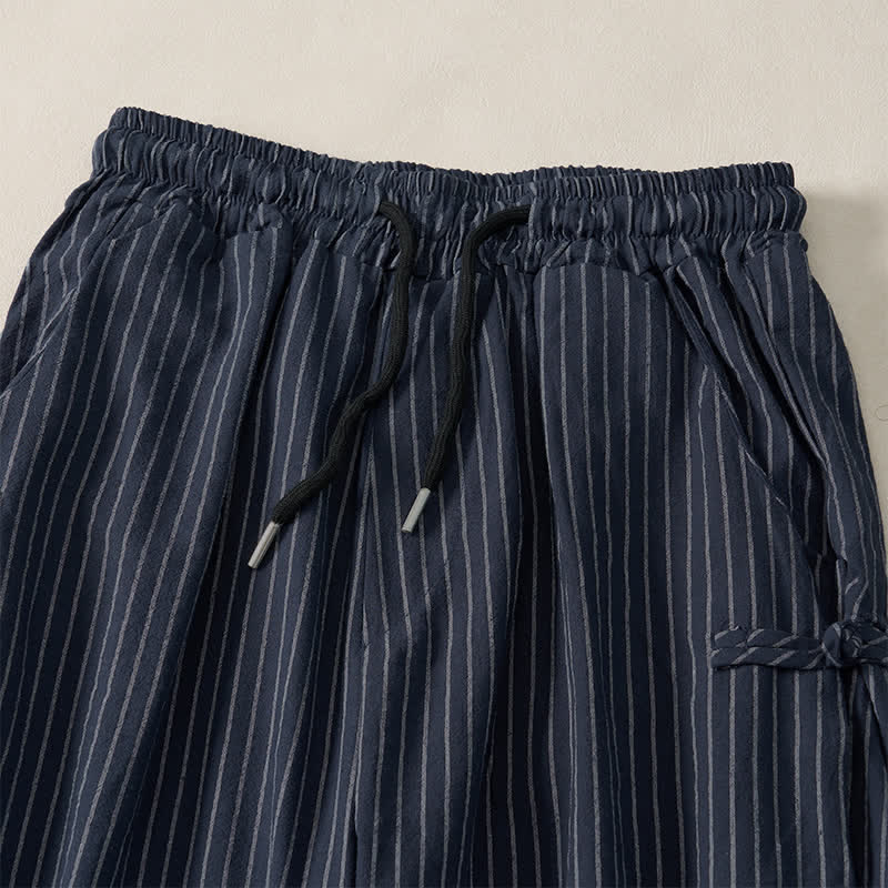 Buddha Stones Spring Summer Basic Drawstring Striped Cropped Pants Men's Tapered Pants With Pockets - image 3