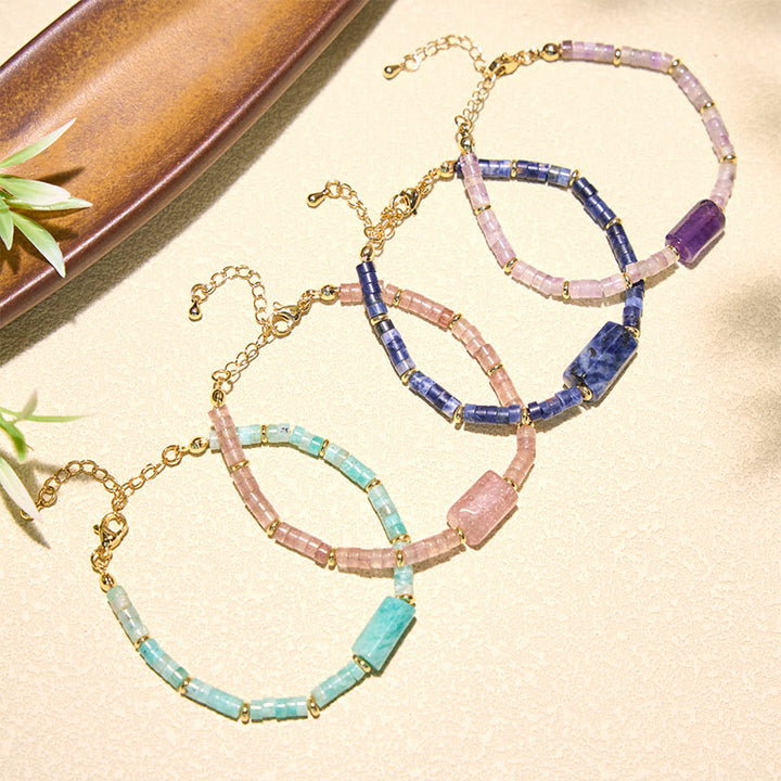 Buddha Stones Amethyst Amazonite Strawberry Quartz Sodalite Truth Faceted Cylinder Accent Bracelet - image 16