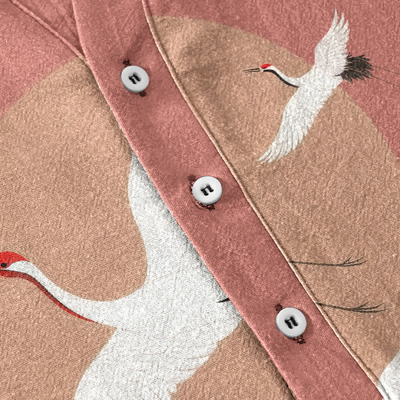 Buddha Stones Cotton Red Crown Crane Pattern Men's Short Sleeve Half Button Shirt - image 3