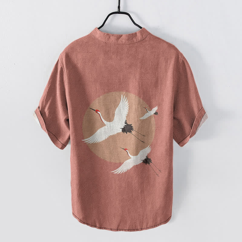 Buddha Stones Cotton Red Crown Crane Pattern Men's Short Sleeve Half Button Shirt - image 1