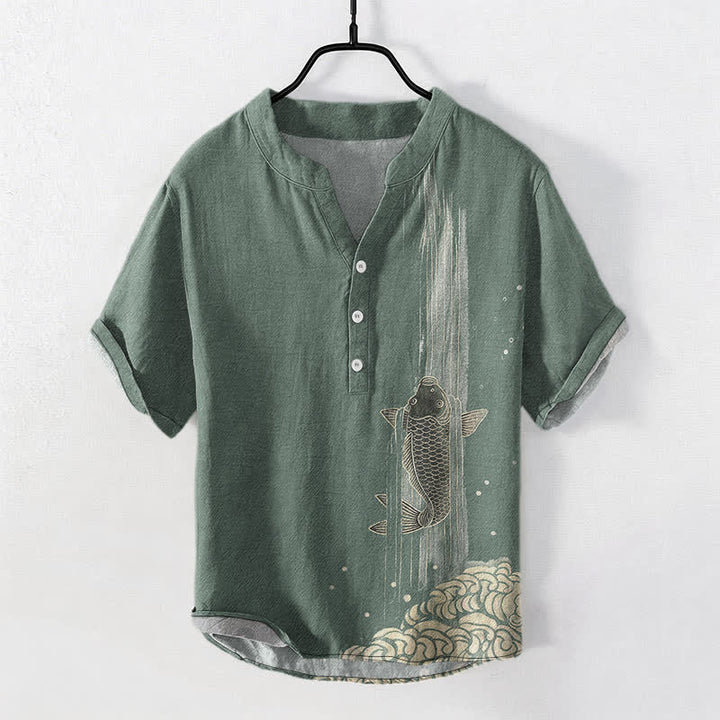 Buddha Stones Cotton Koi Fish Water Ripple Pattern Men's Short Sleeve Half Button Shirt - DarkSeaGreen - US/UK/AU50，EU60 (5XL) - image 0