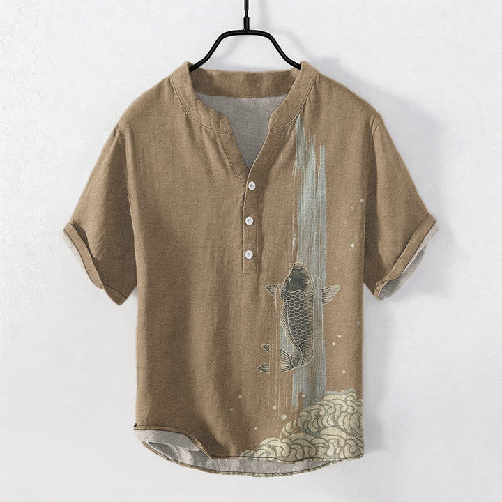 Buddha Stones Cotton Koi Fish Water Ripple Pattern Men's Short Sleeve Half Button Shirt - Tan - US/UK/AU50，EU60 (5XL) - image 10