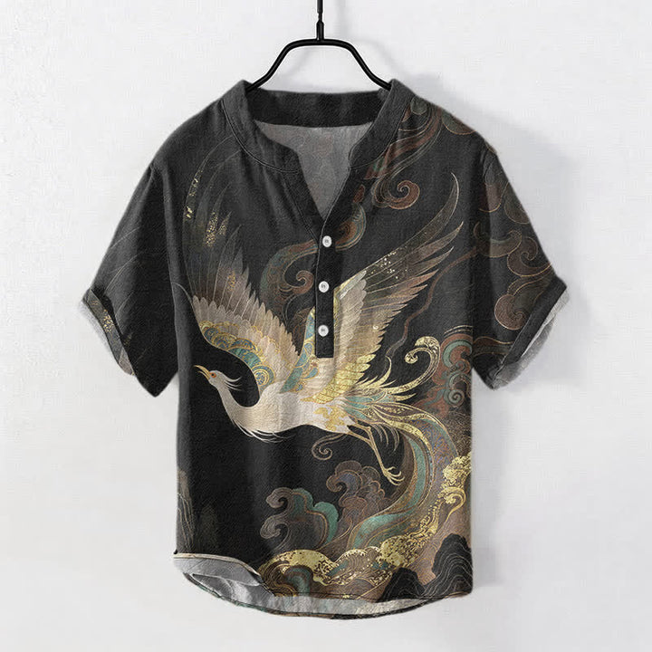 Buddha Stones Cotton Gilded Crane Wave Pattern Men's Short Sleeve Half Button Shirt - Black - US/UK/AU50，EU60 (5XL) - image 7