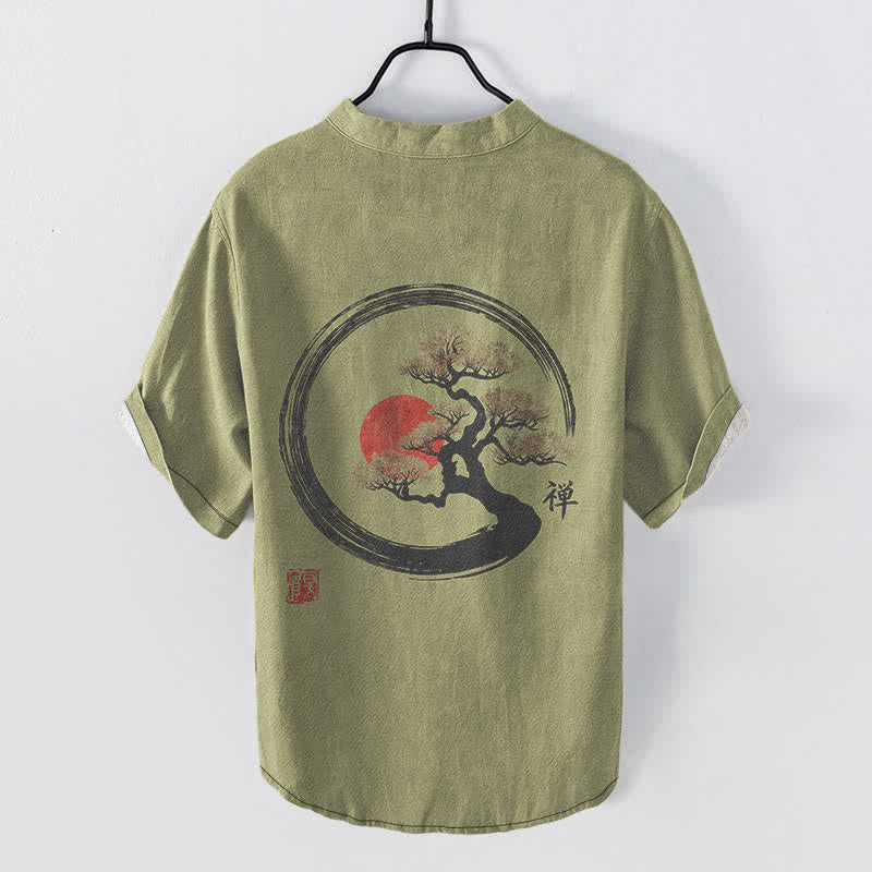 Buddha Stones Cotton Zen Ink Bonsai Sun Pattern Men's Short Sleeve Half Button Shirt - image 6