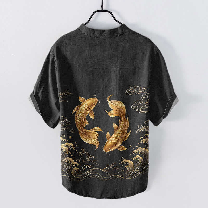 Buddha Stones Cotton Golden Koi Fish Pattern Men's Short Sleeve Half Button Shirt - image 6