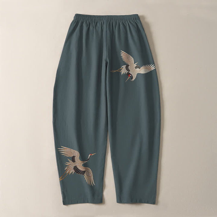 Buddha Stones Pure Cotton Twin Crane Pattern Drawstring Men's Tapered Pants With Pockets - image 10