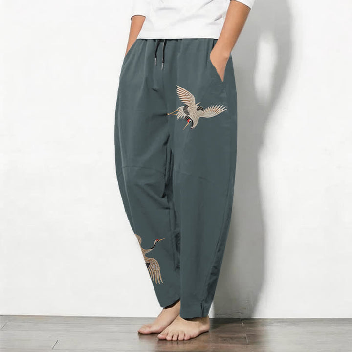 Buddha Stones Pure Cotton Twin Crane Pattern Drawstring Men's Tapered Pants With Pockets - image 8