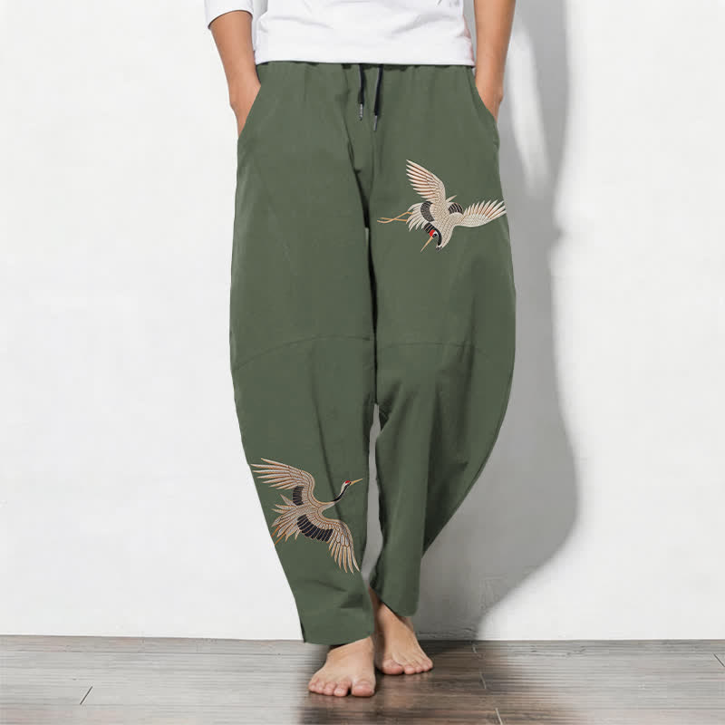 Buddha Stones Pure Cotton Twin Crane Pattern Drawstring Men's Tapered Pants With Pockets - DarkOliveGreen - US/UK/AU50，EU60 (5XL) - image 11
