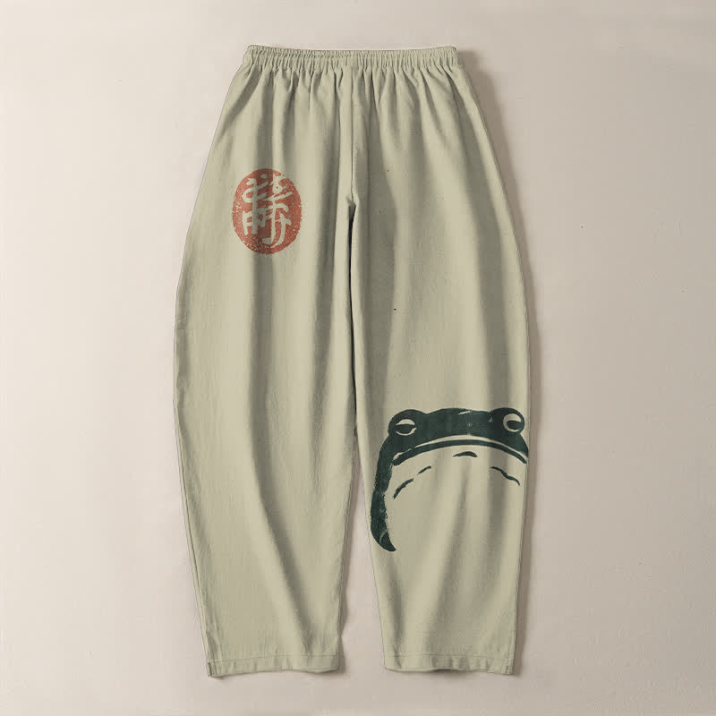 Buddha Stones Pure Cotton Seal Frog Pattern Drawstring Men's Tapered Pants With Pockets - image 3