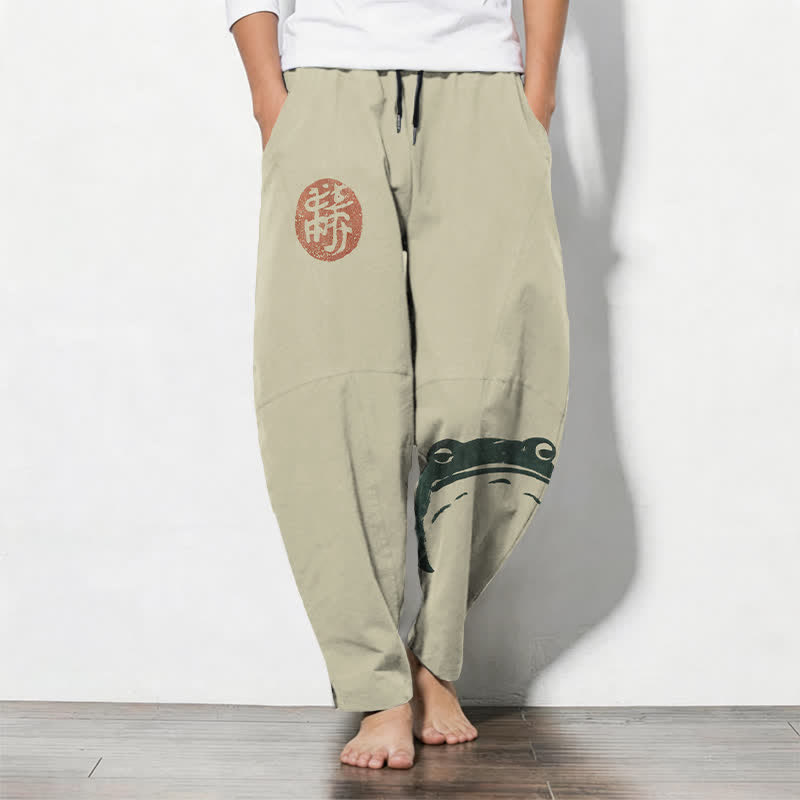 Buddha Stones Pure Cotton Seal Frog Pattern Drawstring Men's Tapered Pants With Pockets - Beige - US/UK/AU50，EU60 (5XL) - image 0
