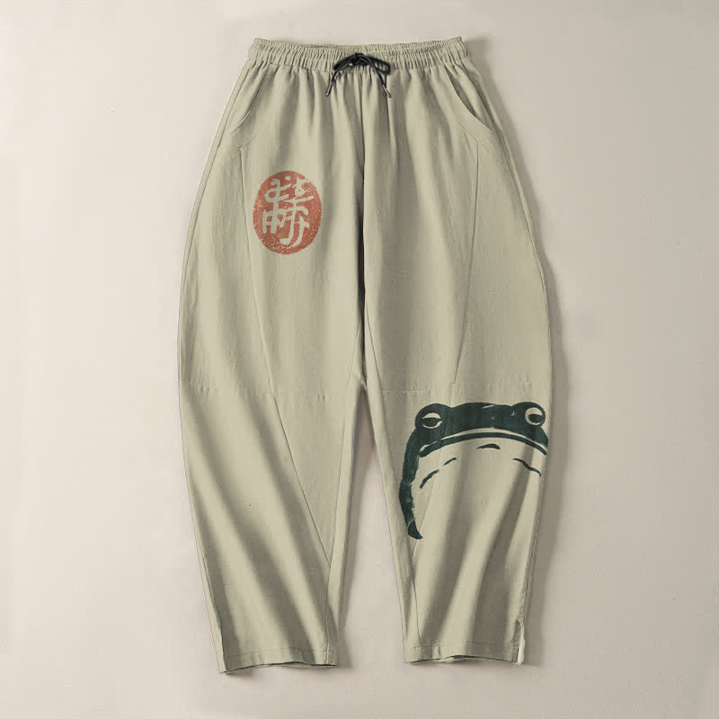 Buddha Stones Pure Cotton Seal Frog Pattern Drawstring Men's Tapered Pants With Pockets - image 2