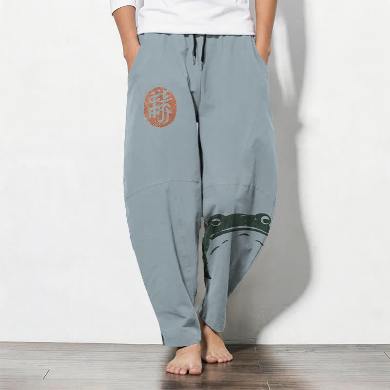 Buddha Stones Pure Cotton Seal Frog Pattern Drawstring Men's Tapered Pants With Pockets - LightSteelBlue - US/UK/AU50，EU60 (5XL) - image 7