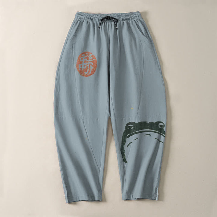 Buddha Stones Pure Cotton Seal Frog Pattern Drawstring Men's Tapered Pants With Pockets - image 9