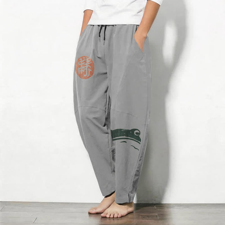 Buddha Stones Pure Cotton Seal Frog Pattern Drawstring Men's Tapered Pants With Pockets - image 12