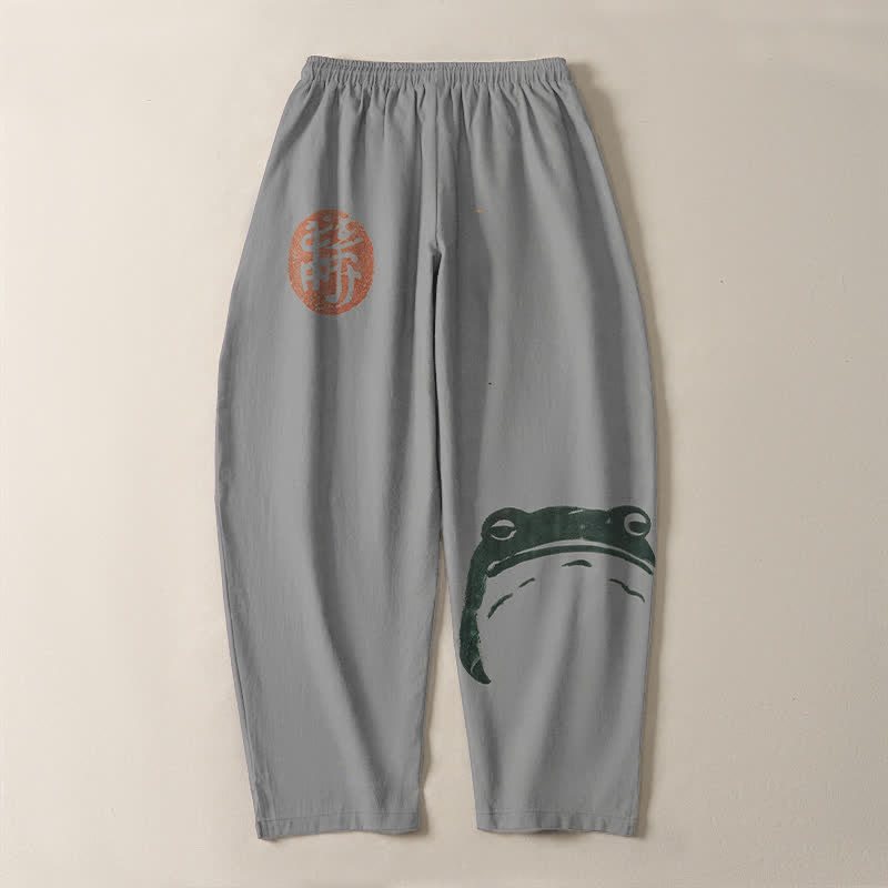 Buddha Stones Pure Cotton Seal Frog Pattern Drawstring Men's Tapered Pants With Pockets - image 14