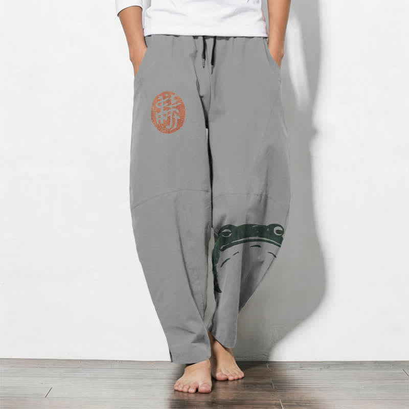 Buddha Stones Pure Cotton Seal Frog Pattern Drawstring Men's Tapered Pants With Pockets - LightGrey - US/UK/AU50，EU60 (5XL) - image 11