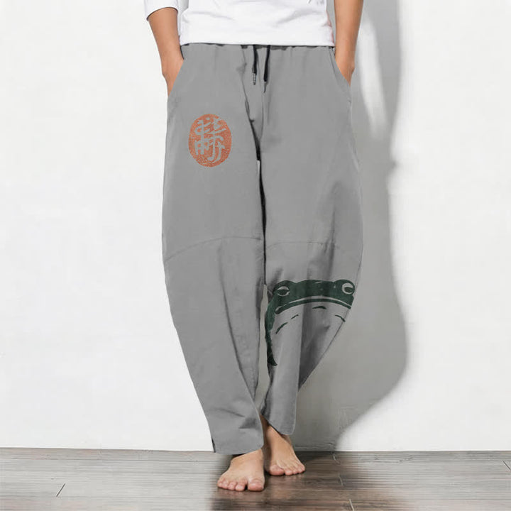 Buddha Stones Pure Cotton Seal Frog Pattern Drawstring Men's Tapered Pants With Pockets - LightGrey - US/UK/AU50，EU60 (5XL) - image 11