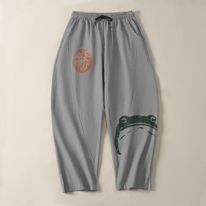Buddha Stones Pure Cotton Seal Frog Pattern Drawstring Men's Tapered Pants With Pockets - image 13