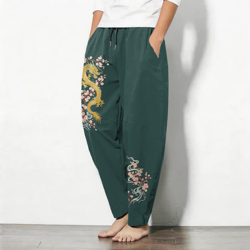 Buddha Stones Pure Cotton Golden Dragon Blossom Pattern Drawstring Men's Tapered Pants With Pockets - image 1