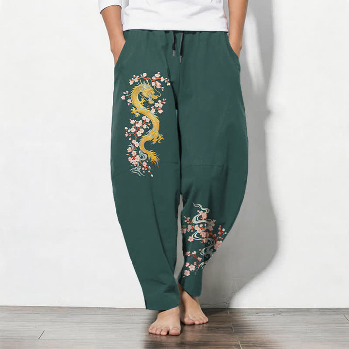 Buddha Stones Pure Cotton Golden Dragon Blossom Pattern Drawstring Men's Tapered Pants With Pockets - SeaGreen - US/UK/AU50，EU60 (5XL) - image 0