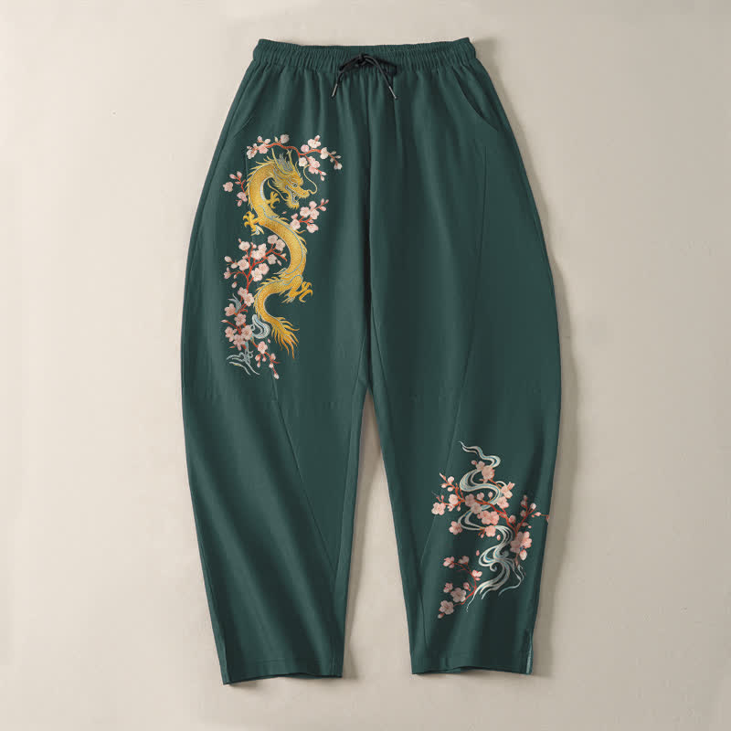 Buddha Stones Pure Cotton Golden Dragon Blossom Pattern Drawstring Men's Tapered Pants With Pockets - image 2