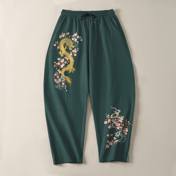 Buddha Stones Pure Cotton Golden Dragon Blossom Pattern Drawstring Men's Tapered Pants With Pockets - image 2