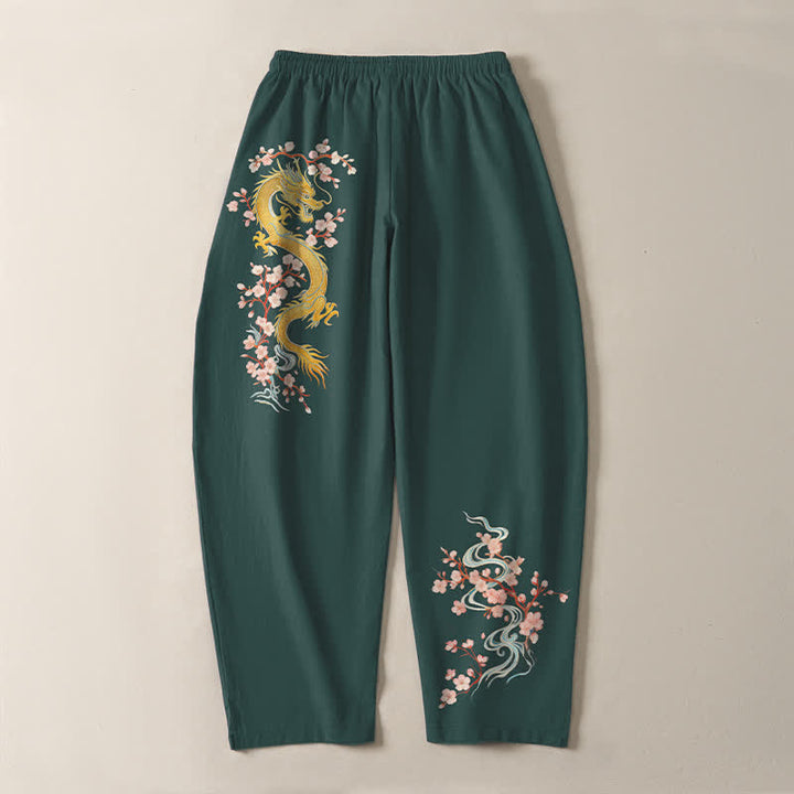 Buddha Stones Pure Cotton Golden Dragon Blossom Pattern Drawstring Men's Tapered Pants With Pockets - image 3
