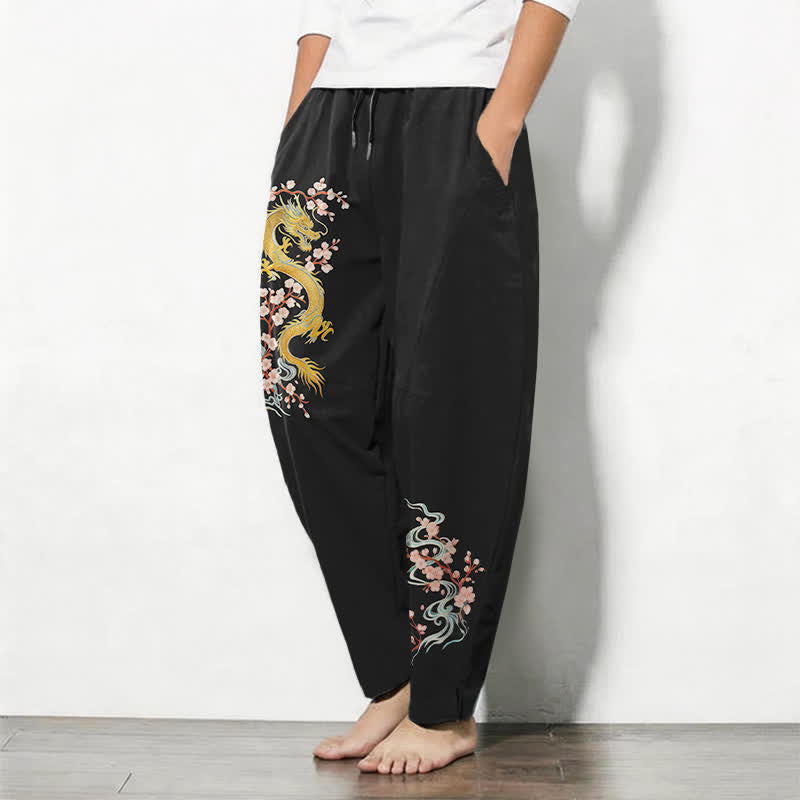 Buddha Stones Pure Cotton Golden Dragon Blossom Pattern Drawstring Men's Tapered Pants With Pockets - image 8