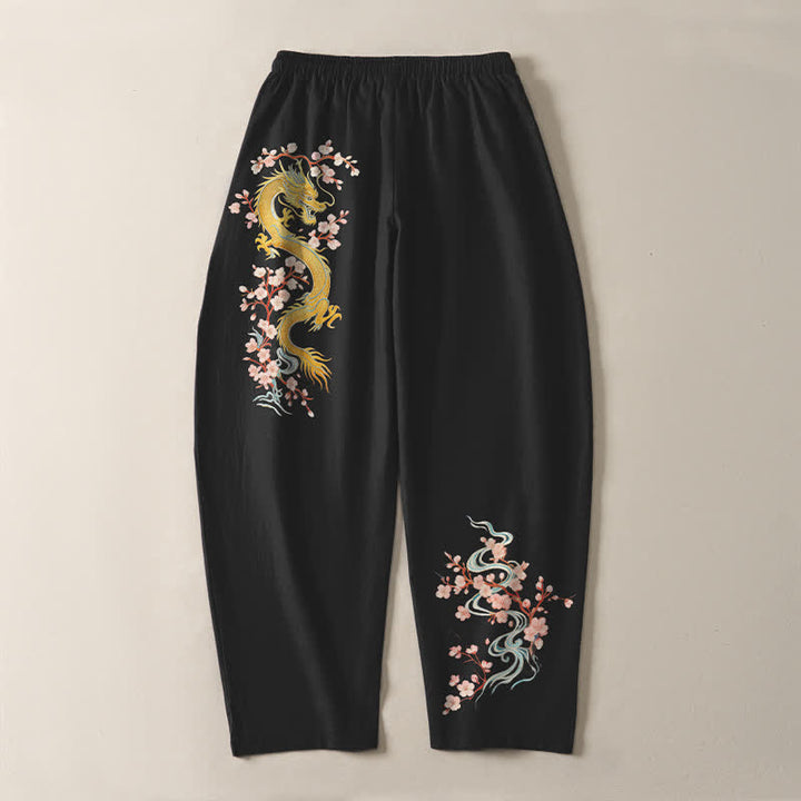 Buddha Stones Pure Cotton Golden Dragon Blossom Pattern Drawstring Men's Tapered Pants With Pockets - image 10